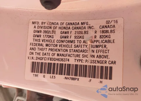 2016 Honda Civic Ex-L z USA, uszkodzony, nr VIN 2HGFC1F83GH636374